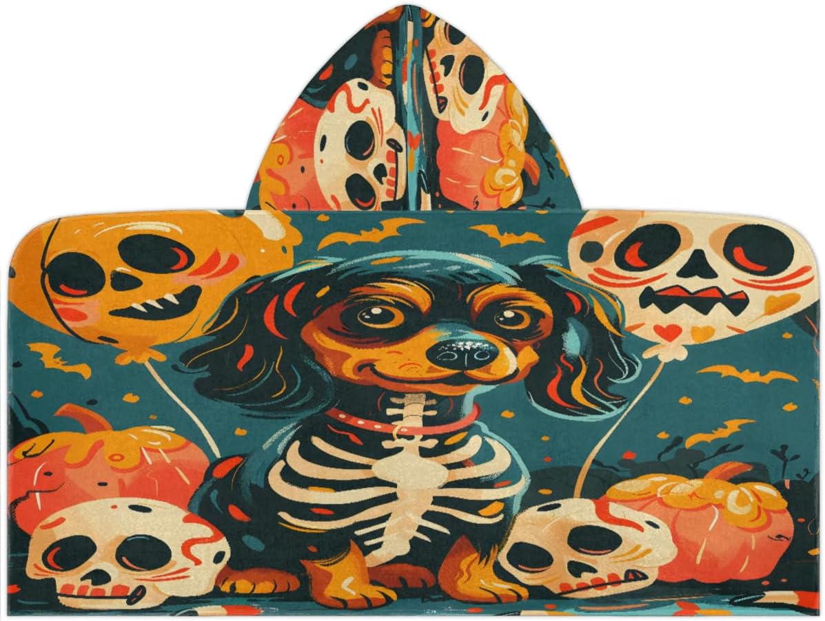Pardick Kids Bath Towel Halloween Skull Dog Beach Towel with Hood Pool Cover Up for Girls Boys Soft Absorbent Hooded Bath Towel Toddler Towels for Beach, Pool