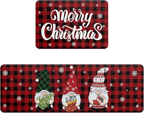 Juego de 2 alfombras y tapetes de cocina con texto en inglés "Merry Christmas", antideslizantes, absorbentes, con diseño de gnomo de nieve, para