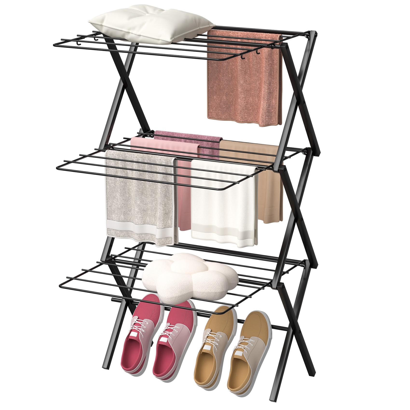 FOVVZDIL Foldable Clothes Drying Rack, 3-Tier Collapsible Indoor Clothes Horse Laundry - Space Saving Portable Clothes Airer for Home, Travel & Small Spaces (120cm)