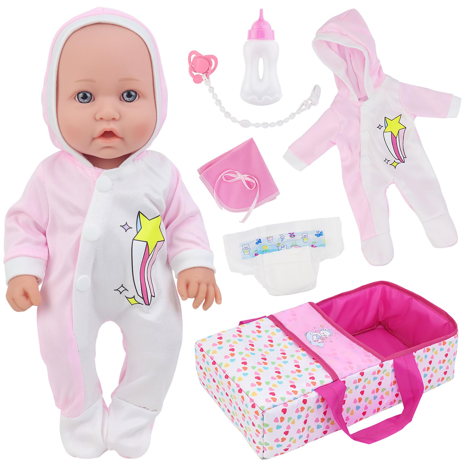 Ecore Fun 12 Inch Baby Doll with Bassinet Bed, Soft 12IN Baby Doll and Accessories Includes 12