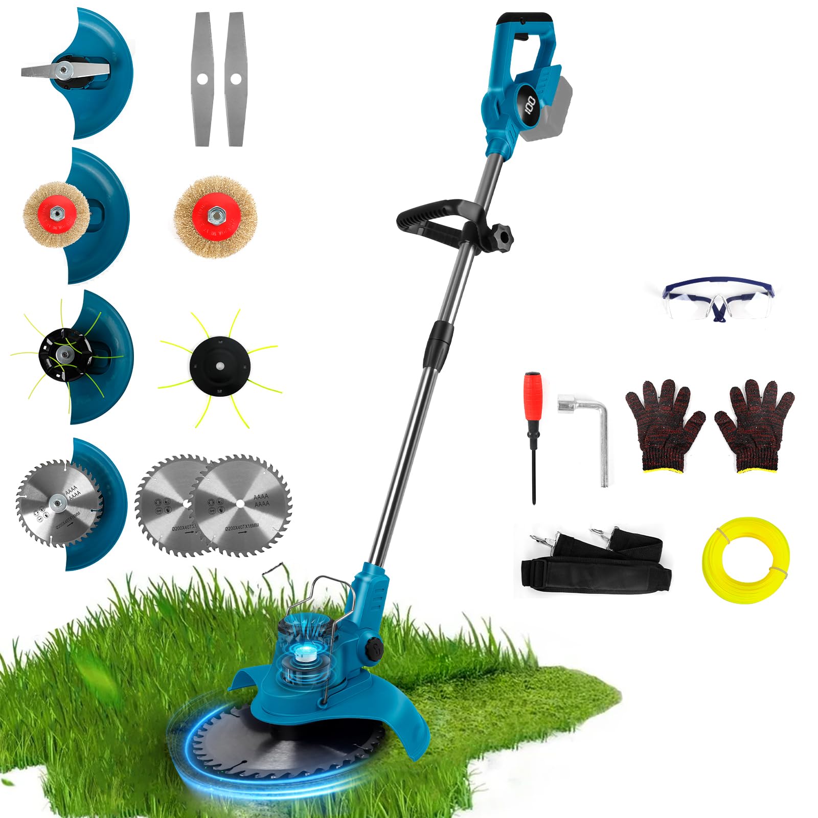 Cordless Grass Trimmer Compatible with Makita 18v Battery, 4 in 1 Brushless Grass Trimmer 20cm Cutting Width Adjustable Handle 99-135cm Telescopic Pole for Garden Lawns and Thorny Bushes (No Battery)