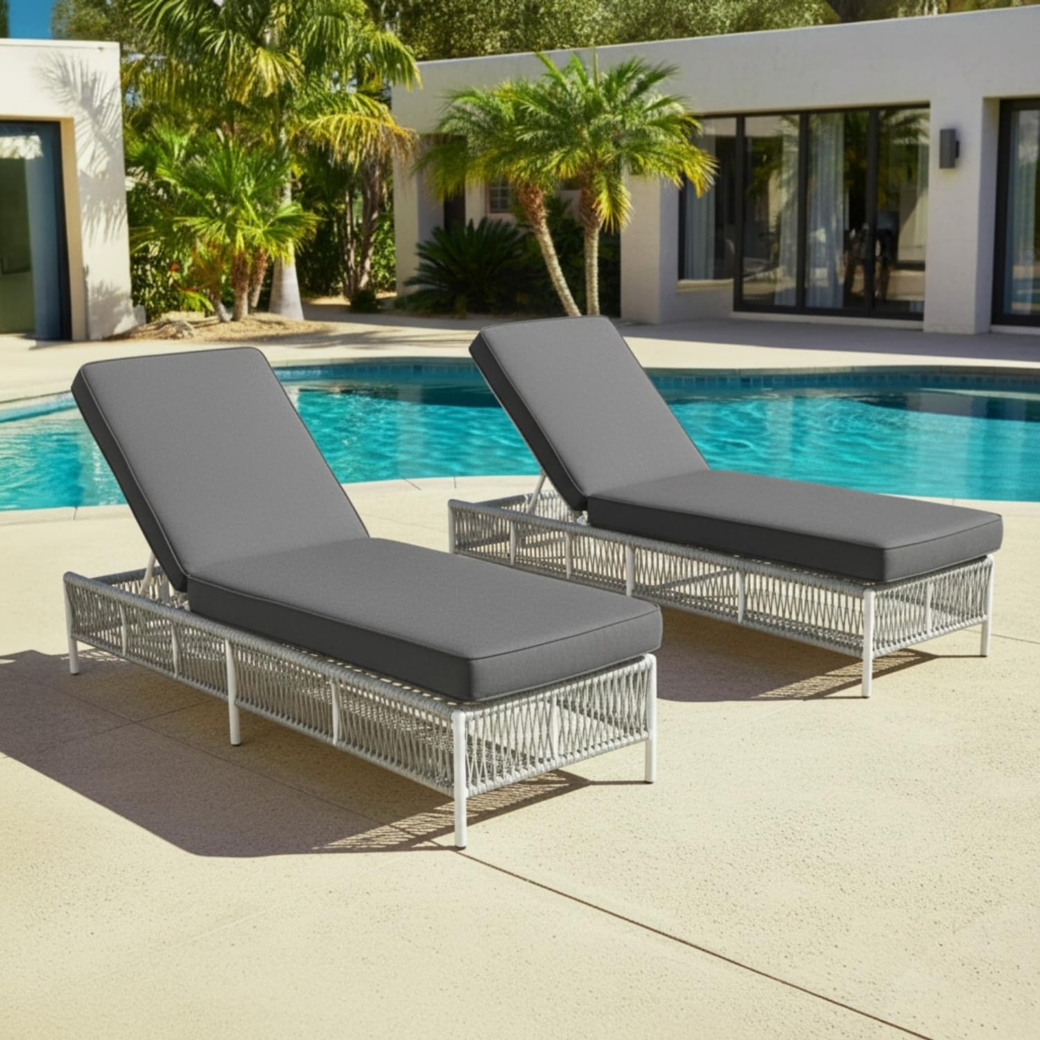 devoko outdoor rope lounge chairs set of 2 thick cushions patio rope furniture sets for pool side, balcony, beach (light grey & grey)