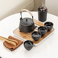 Vista 3 de fanquare Juego de té chino de cerámica negra Kungfu, juego de té portátil japonés con bandeja, juego de té de viaje con tetera