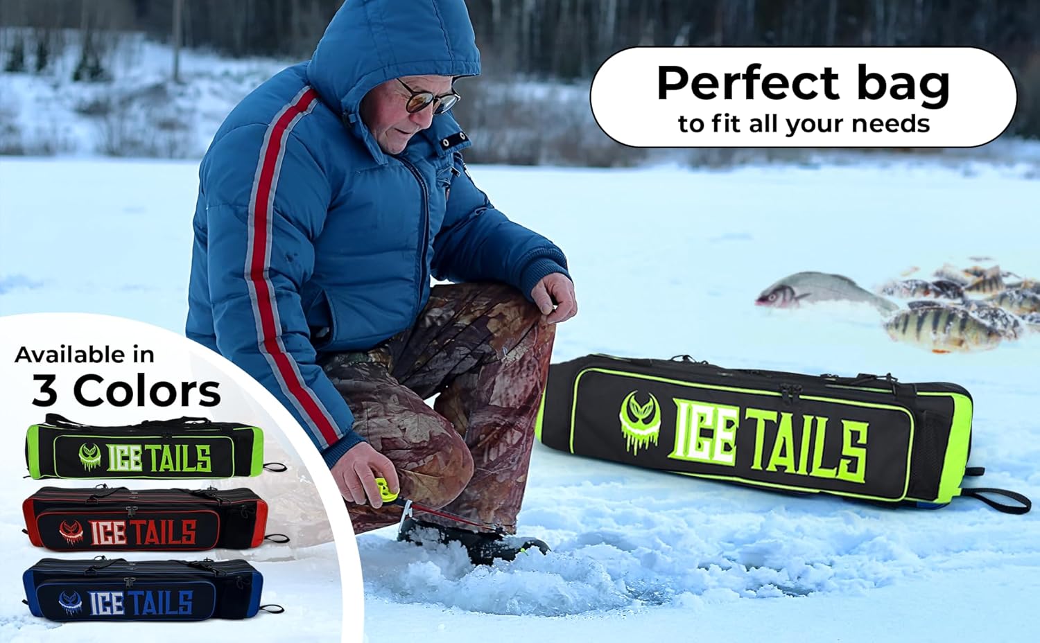 ICE Fishing Rod Tackle Bag Ice Tails Soft Sided Traveling Case Box Water Proof Bottom Multi Use Storage tungsten Jig Rod and Reel Combo Tip Up Gloves (Green)