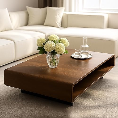 Miniatura 2 de SWEVEN Mesa de centro con almacenamiento muebles de sala de estar cuadrados modernos con estante grande con compartimento central, acabado de madera