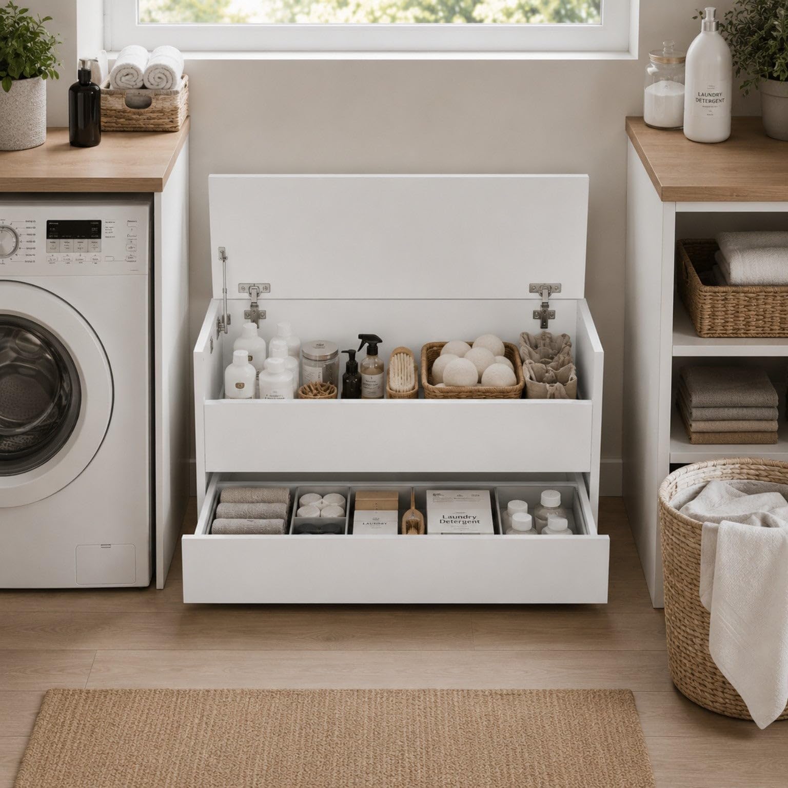 The White Stone Cassapanca Contenitore Bianca con Cassetto Inferiore e Vano Interno | Panca Ingresso Salvaspazio con Chiusura Soft Close | Baule Multiuso 90x40x46 cm