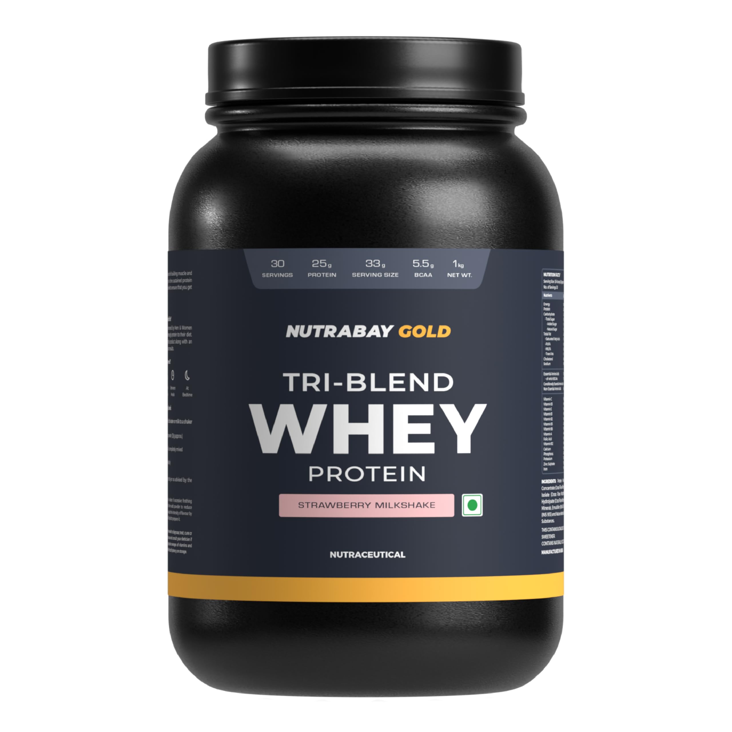 Gold Tri Blend Whey Protein Powder - 1kg, Strawberry Milkshake | 25g Protein, 5.5g BCAA | Concentrate, Isolate, Hydrolyzed Protein | Muscle Growth & Recovery | Gym Supplement for Men & Women