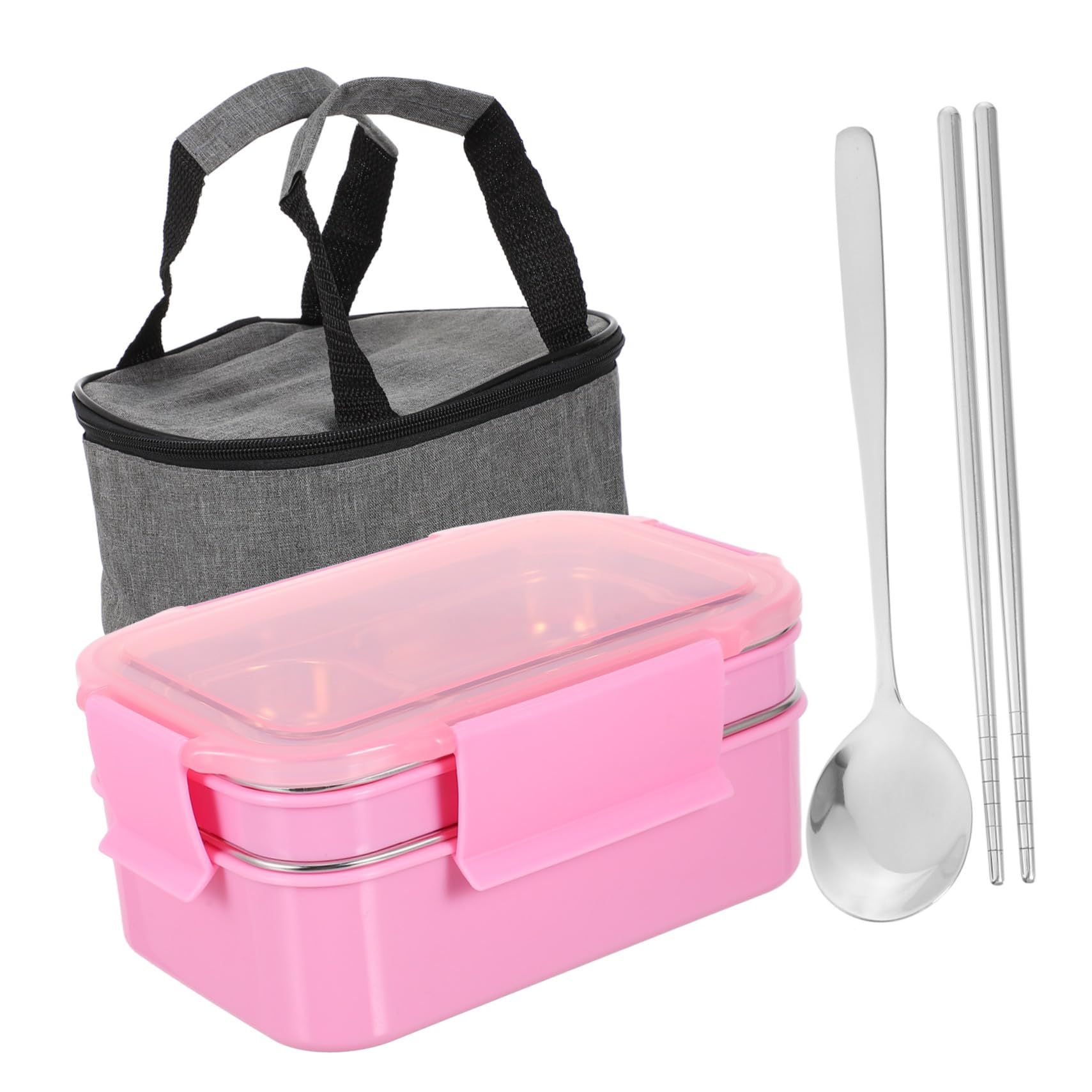 Fiambrera Bento de Acero Inoxidable Doble con Cubiertos y Bolsa Térmica Rosa para Estudiantes y Oficina Resistente al Calor y Portátil para Almuerzos Diarias