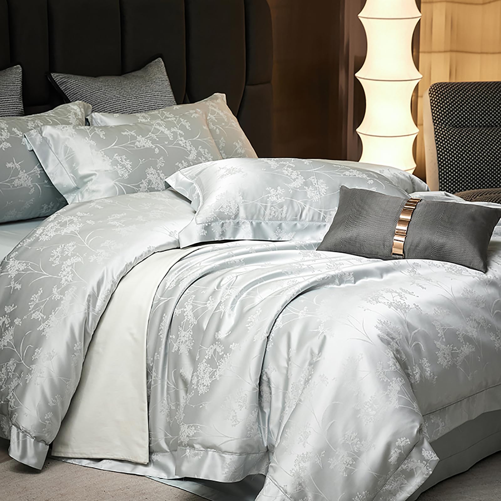 Ensemble de literie jacquard en soie damassée vert pour chambre de luxe