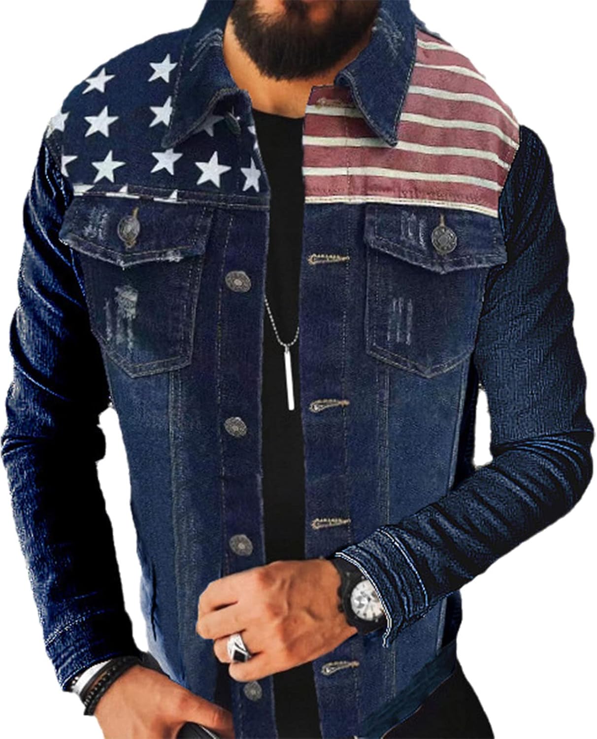 QJBMEI Men's American Flag Ripped Denim Jacket Distressed Slim Long Sleeve Button Jean Jacket