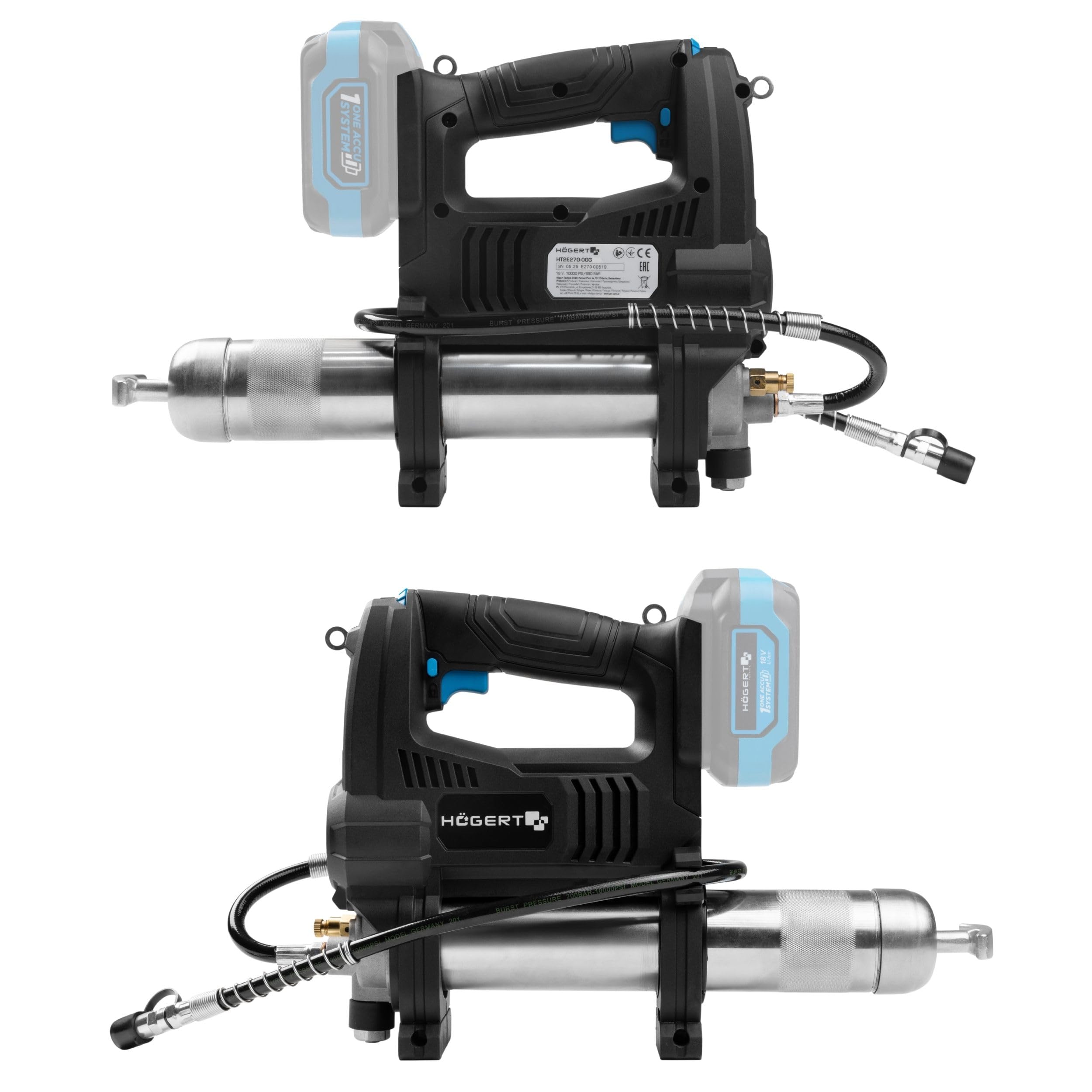 Högert Technik Engrasadora a Batería 18V OneAccuSystem, 680 Bar, 280 g/min, Pistola de engrase con LED, válvula de Purga de Aire, Correa para Hombro, para Taller, Set mit Akku 4Ah + Ladegerät 4A