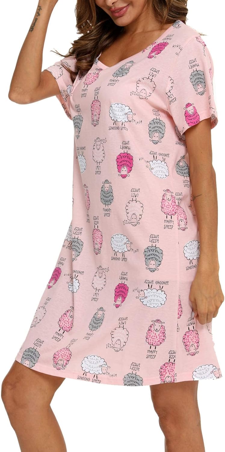 ENJOYNIGHT Womens Nightgowns Cotton Sleepwear Plus Size Sleep Shirt Short Sleeve Nightshirt Print Sleepshirt - Image 5