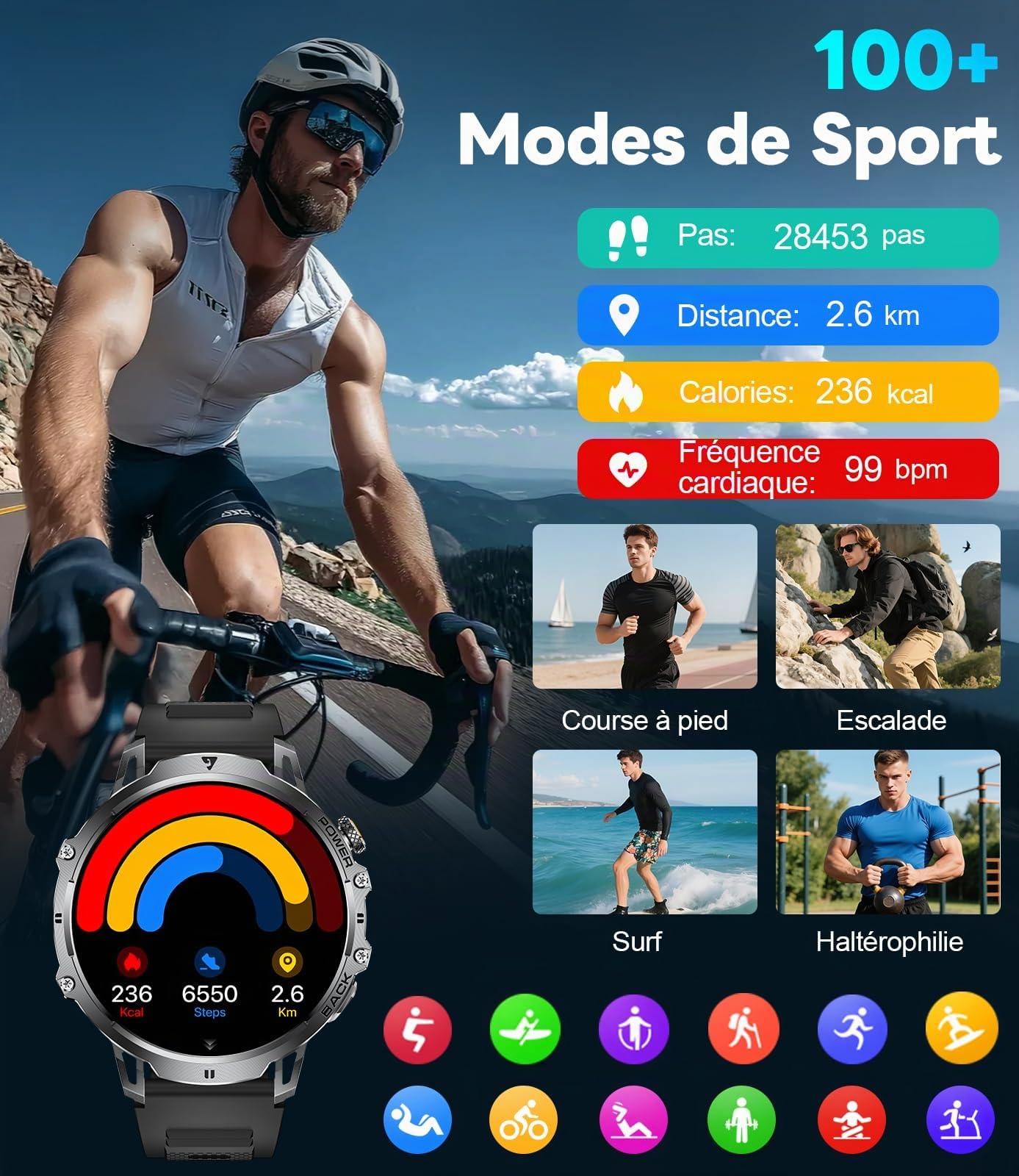 FITFLEX Montre Connectée Homme avec Batterie 1000 mAh, 1,85"HD écran Appels Bluetooth Smartwatch, Lampe de Poche, 120+Modes Sportifs, Analyse de la Fréquence Cardiaque et du Sommeil, Pour Android/iOS
