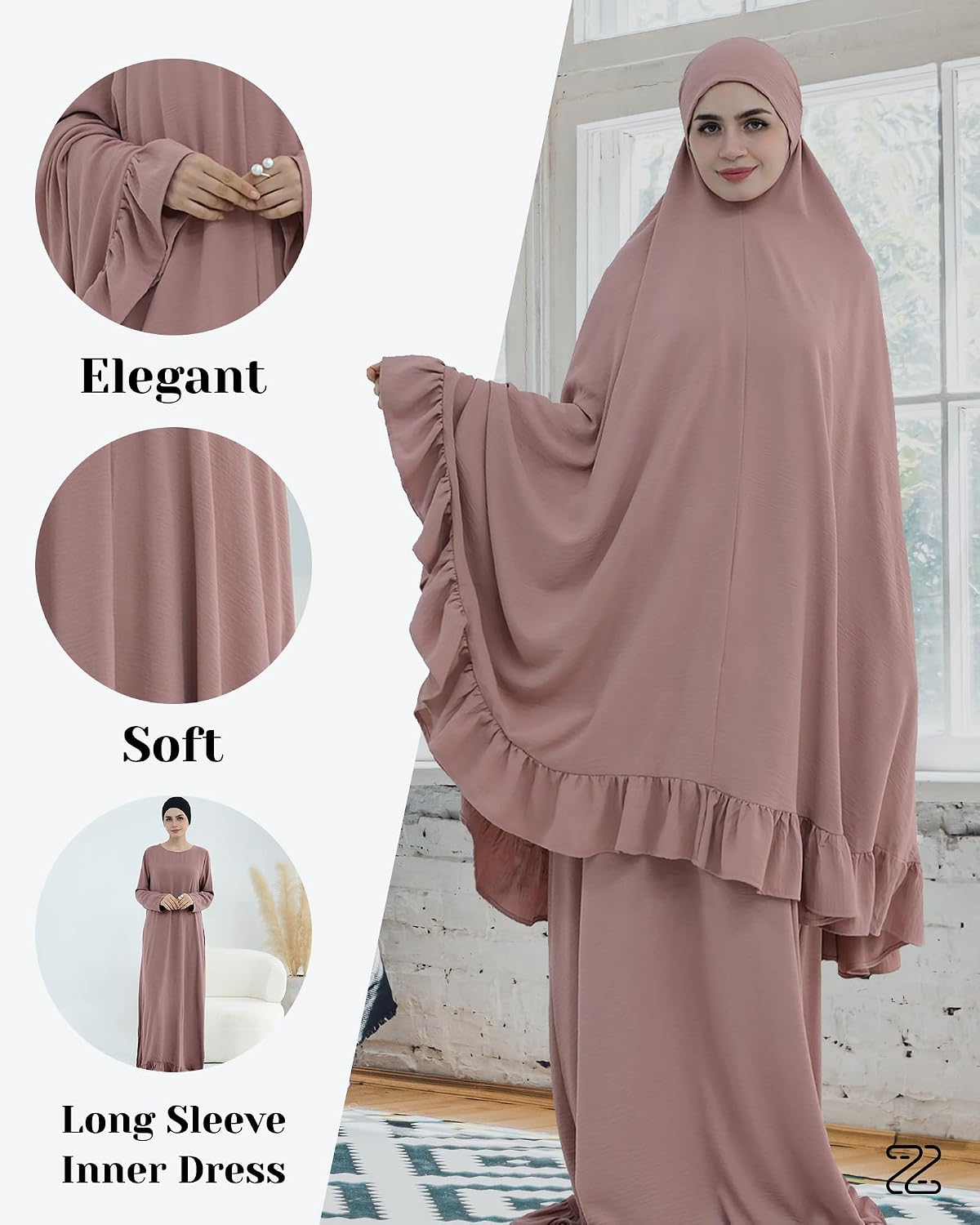 Abaya 2pcs Muslim Prayer Dress Sets with Islamic Hijab Scarf Two-Piece Full Length Dress Plus Size for Ramadan