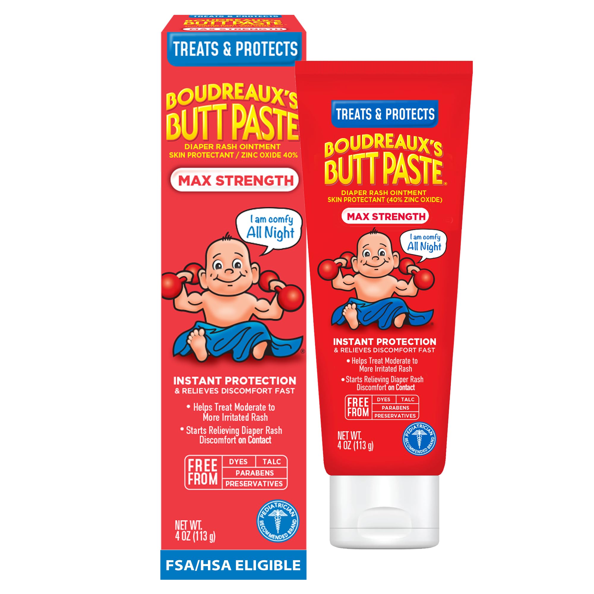 Boudreaux’s Butt Paste Max Strength Diaper Rash Cream for Baby, Ointment With Zinc Oxide, 4 oz Tube (Pack of 3)