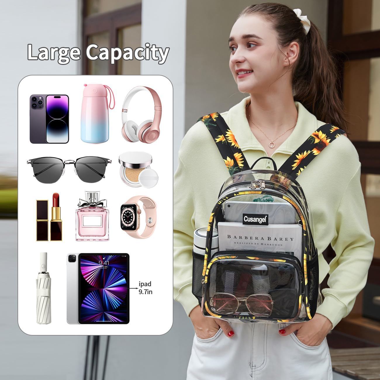 Cusangel Clear Backpack Stadium Approved 12×6×12,TPU Transparent Backpacks Plastic See Through Bag, Clear Bag for Concert Sport Event Work School Festival - Image 2