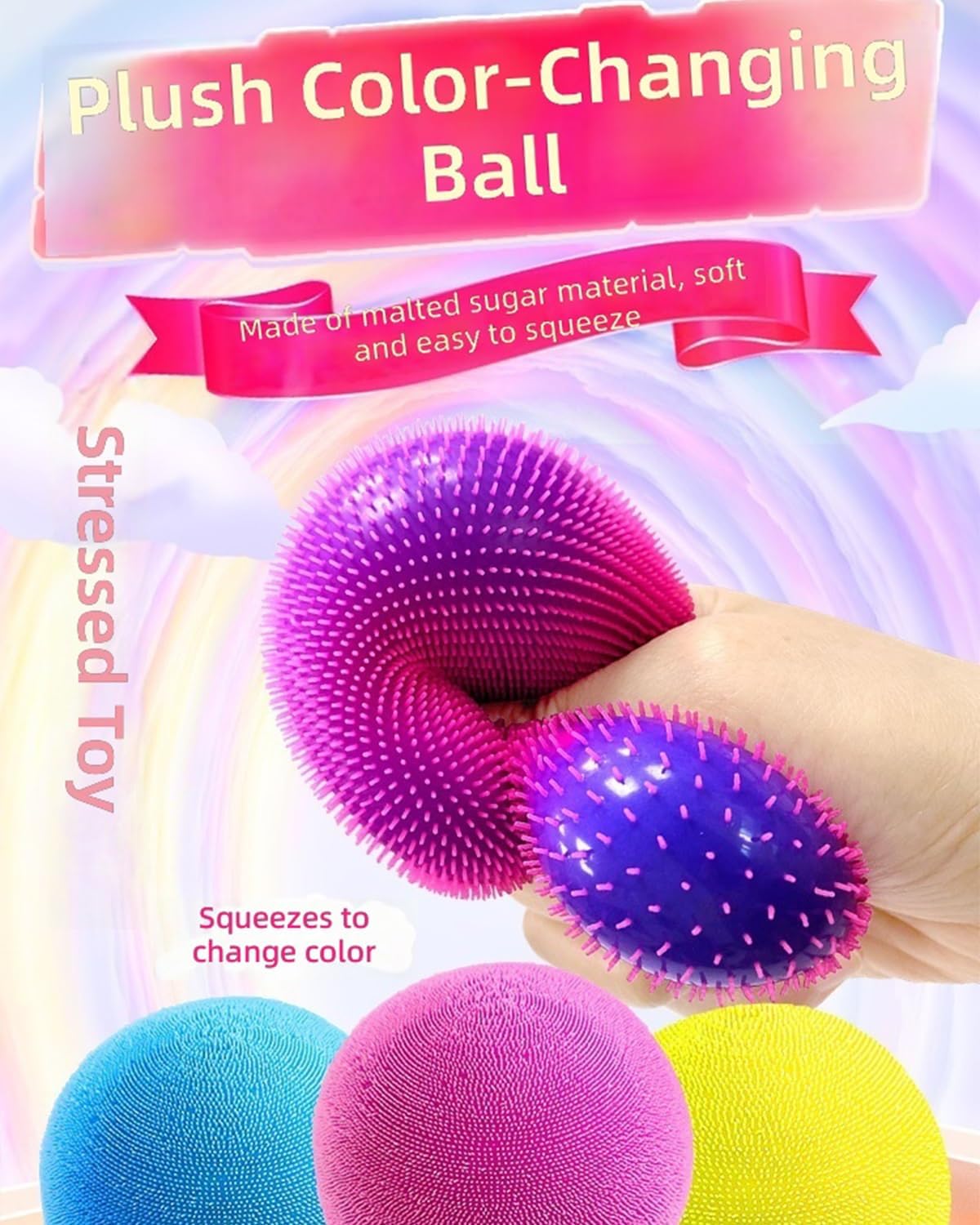 Fuzzball Squishy Fuzz Spiky Puffer Stress Ball Sensory Fidget Toys with a Velvet Texture and Soft Cloud Squish Wavy Pattern Fun Anxiety Relief Fidget Toy for Party Favors & Gift Giving(Blue)