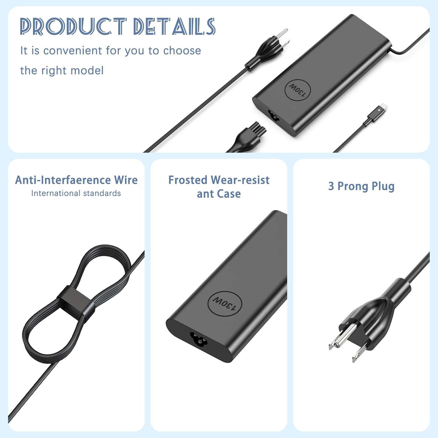 130W USB C Laptop Charger Compatible with Dell Dell XPS 15 16 17 9520 9530 9640 9700 9710 9720 2in1, Precision 5550 5560 5570 5690 7680, Latitude 7410 7310 7210 9410 9510, 11FT Power Cord