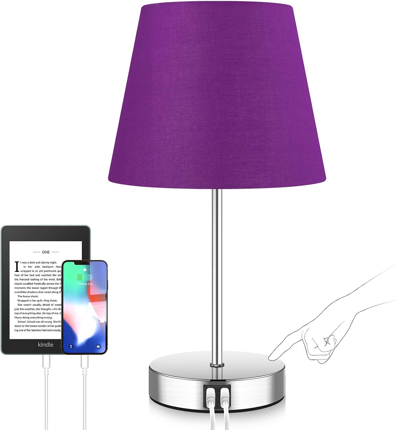 Touch Control Nightstand Lamps, 3 Way Dimmable Modern Bedside Lamp 5000K, Fast 2 USB Ports & AC Power Outlet Build in Purple Table Lamp, Idea for Living Room, Guests Room - A19 Edison Bulb Included