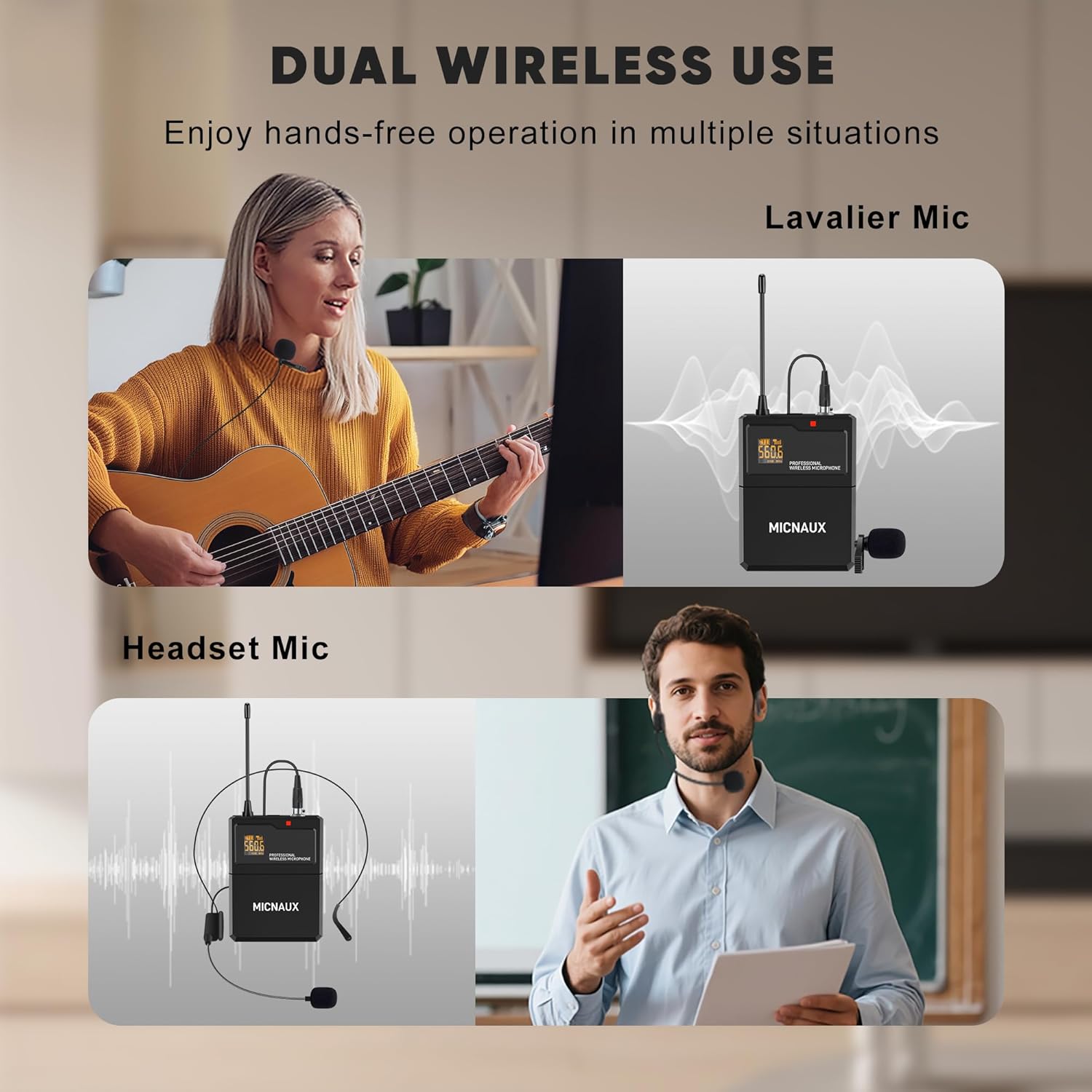 Lapel Wireless Microphone System with Headset & Lavalier Mics, Pro 8 Channel UHF Mics Set with Bodypack Transmitter & Metal Receiver, 200 Adjustable Frequency, 300ft Range for Church, Party - Image 5