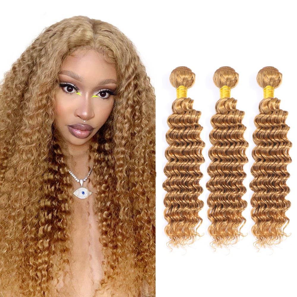 #27 Blonde Bundles Deep Wave Bundles Human Hair 22 24 26 Inch Brazilian Virgin Hair Honey Blonde Deep Wave Bundles Human Hair Extensions 3 Bundle 50 Gram Per Bundle
