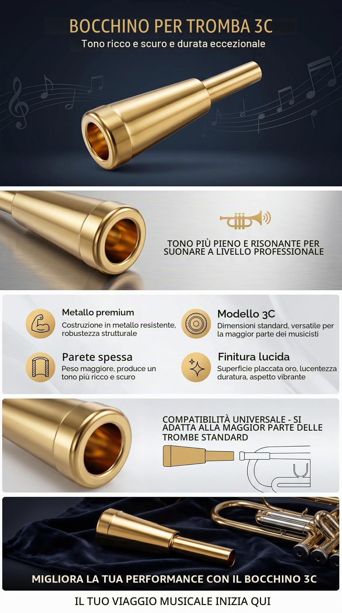 VGEBY Bocchino per Tromba, Strumento per Bocchino per Tromba per Impieghi Gravosi in Metallo di Dimensioni 3C(Oro)