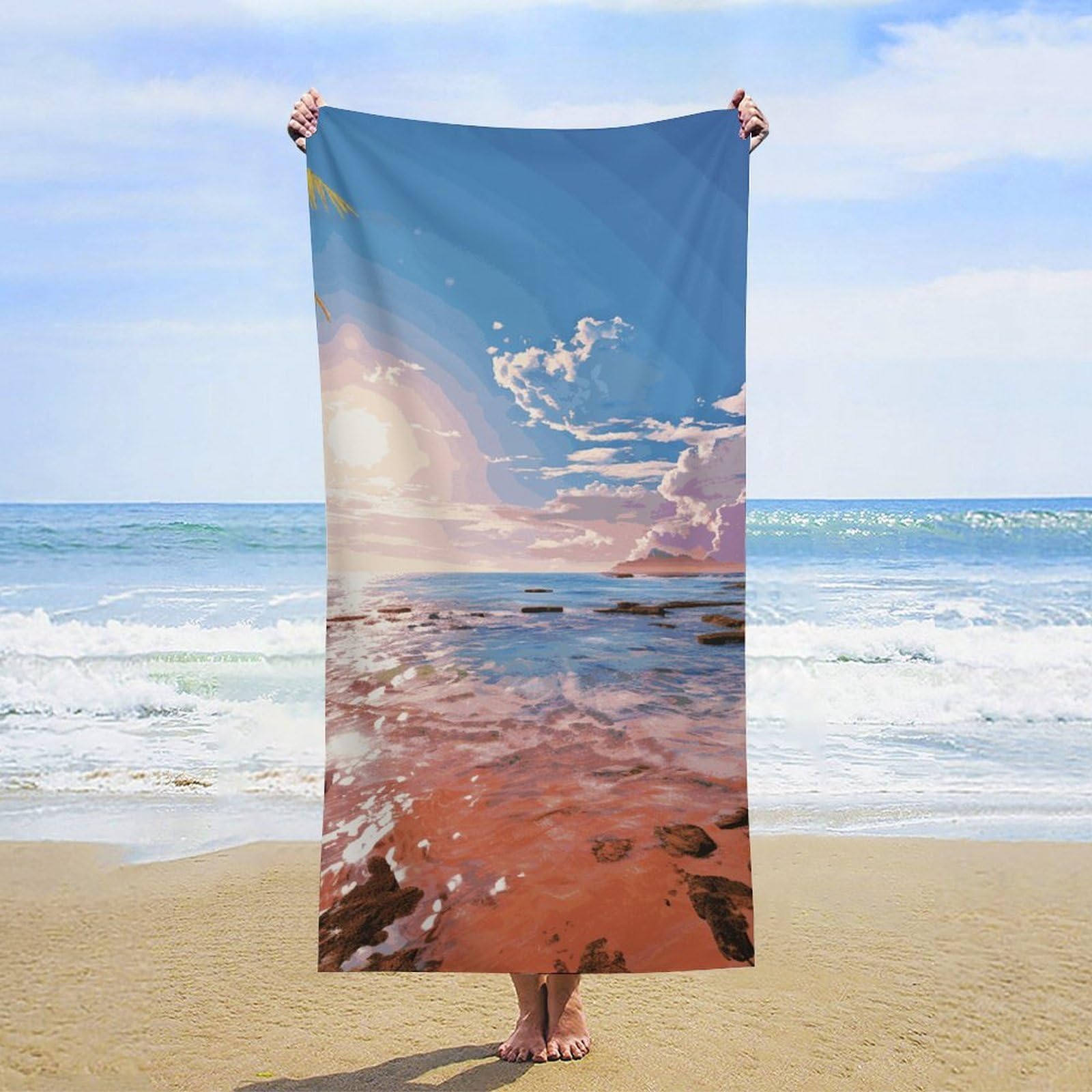 NTVOWPZO Summer Beach with Palm Trees Beach Towel Oversized Microfiber Bath Towels Lightweight Sand Proof Beach Towels Absorbent Pool Towels for Swimming Yoga Bathroom Towel 31.5" X 63"