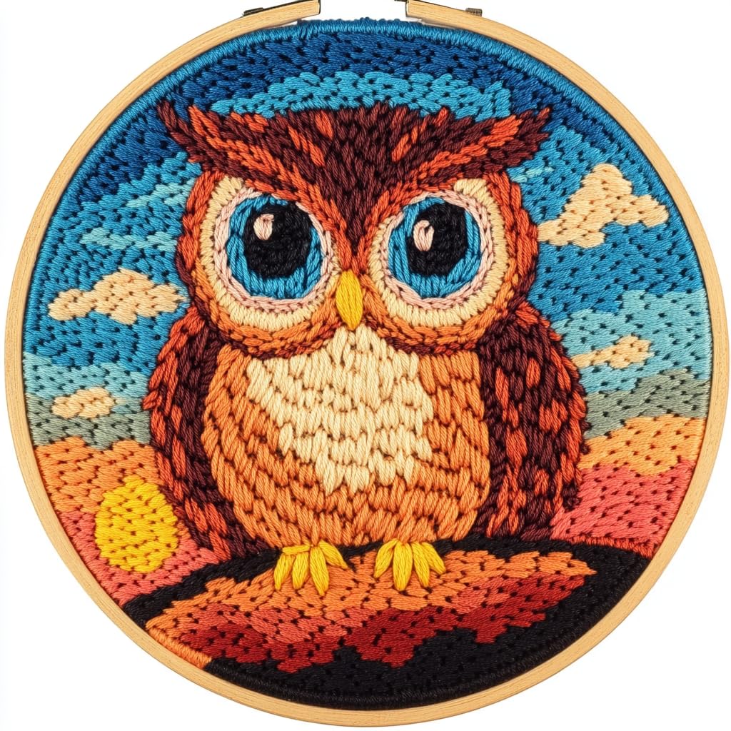 DIY Punch Needle Kits Owl with Sunset with Hoop 20x20cm-1