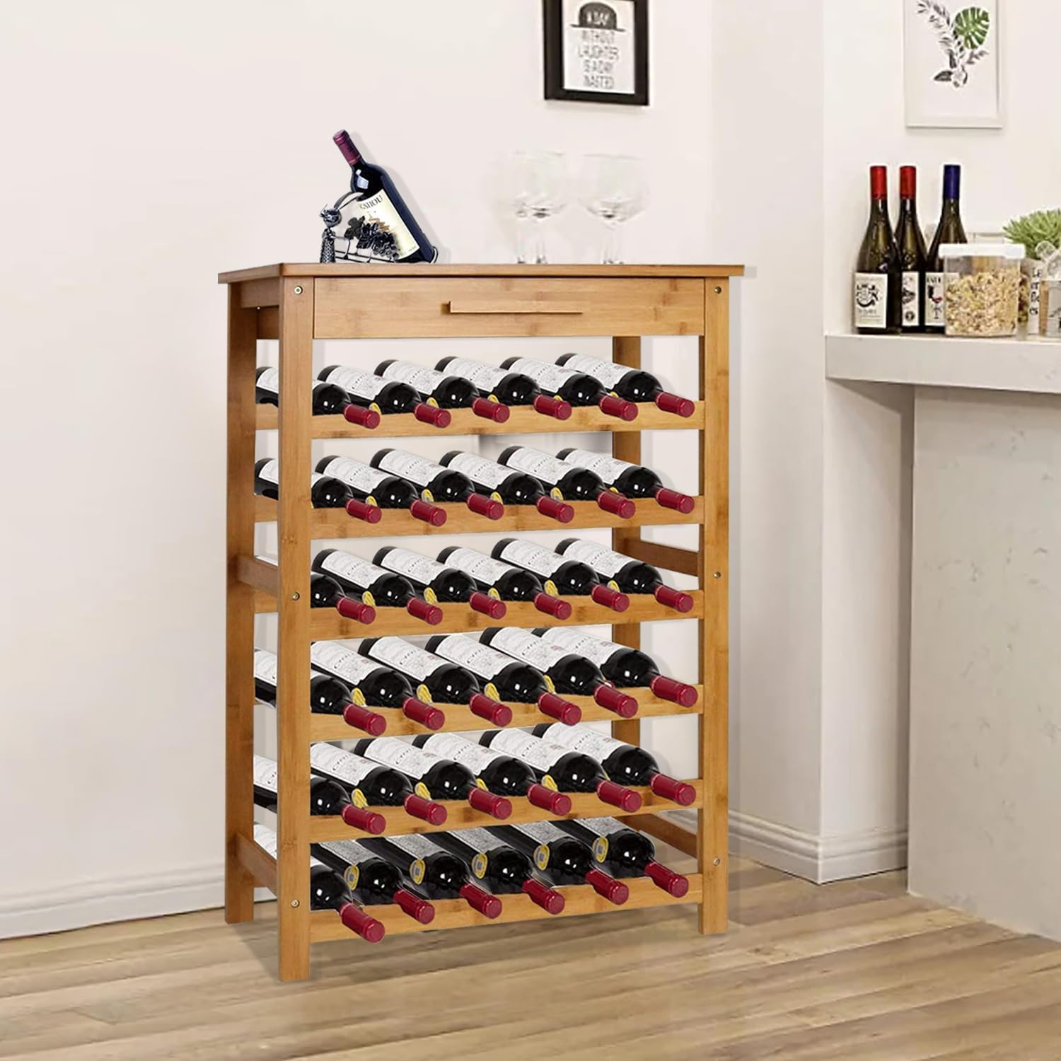 Kinsuite Bamboo Wine Rack Modular Wine Storage Holder Display Shelves for Storing Bottles at Home 36 Bottle Wine Rack Free Standing Floor 6 Shelves with Drawer