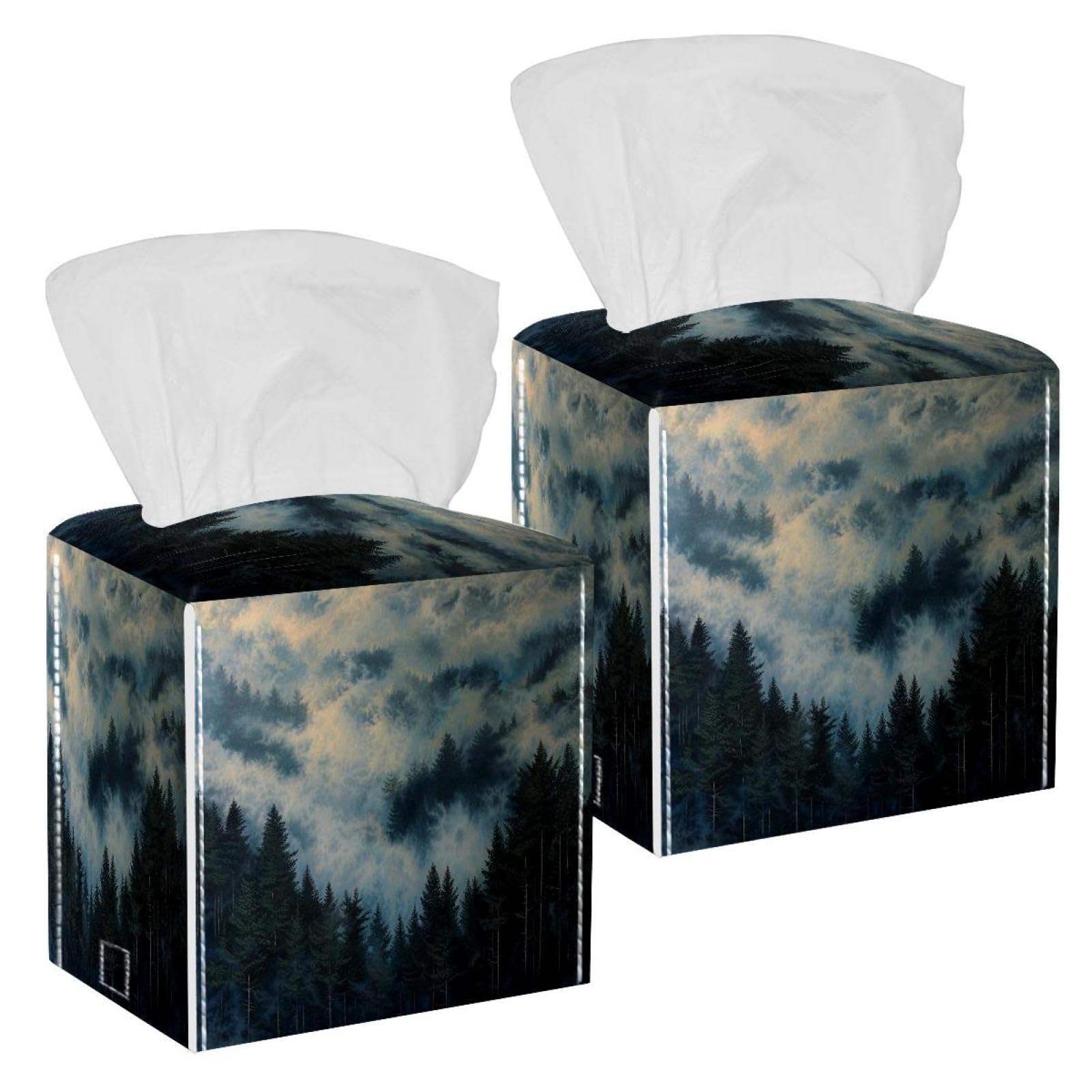 Cloud Pine Forest Tissue Box Cover, 2 Pack PU Leather Square Facial Tissue Dispenser Box holder for Home Office Car