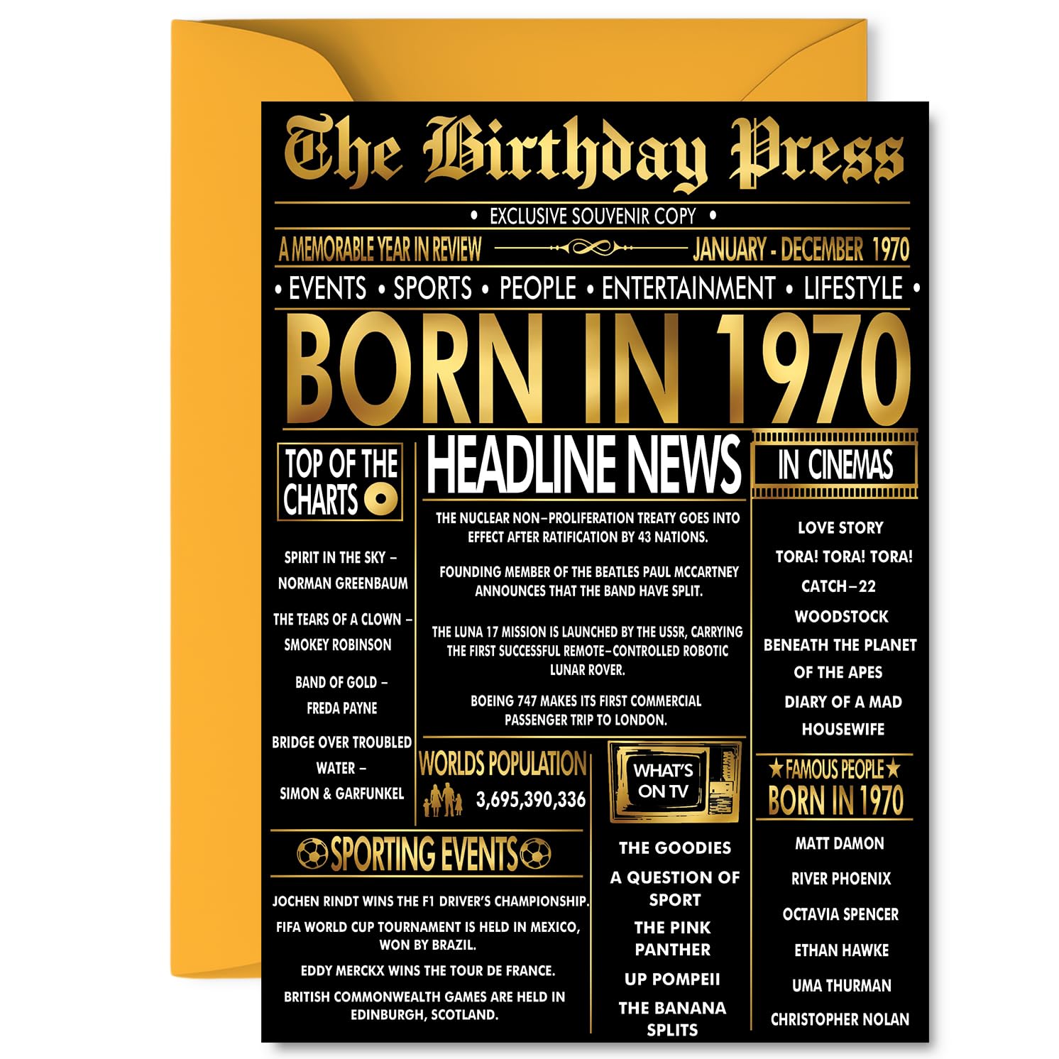 Gold 56th Birthday Card for Men Women - Black & Golden Newspaper Born in 1970 - Happy 56 Birthday Cards for Grandad Husband Brother Nan Colleague Grandma, A5 Bday Greeting Cards