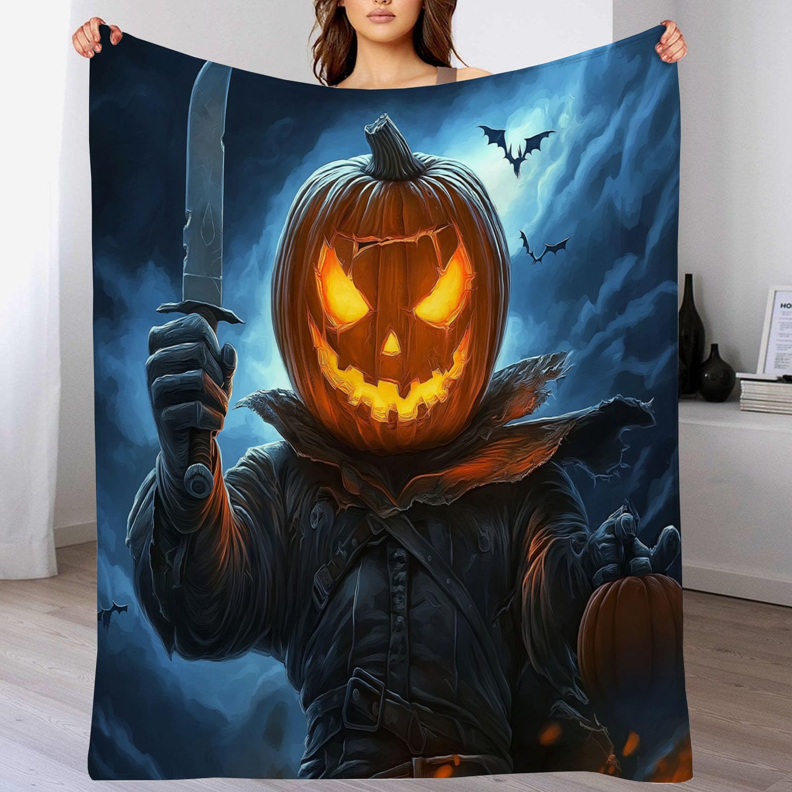 Couverture Halloween grand plaid lit canapé bleu orange homme tête citrouille