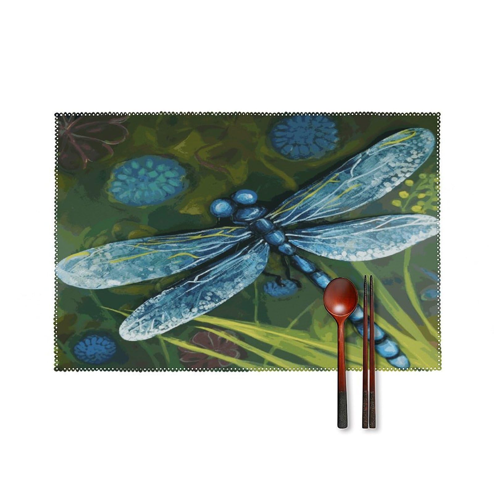 Fekiloot Style Hand Painted Blue Dragonfly Placemats Set Of 6,Table Mat