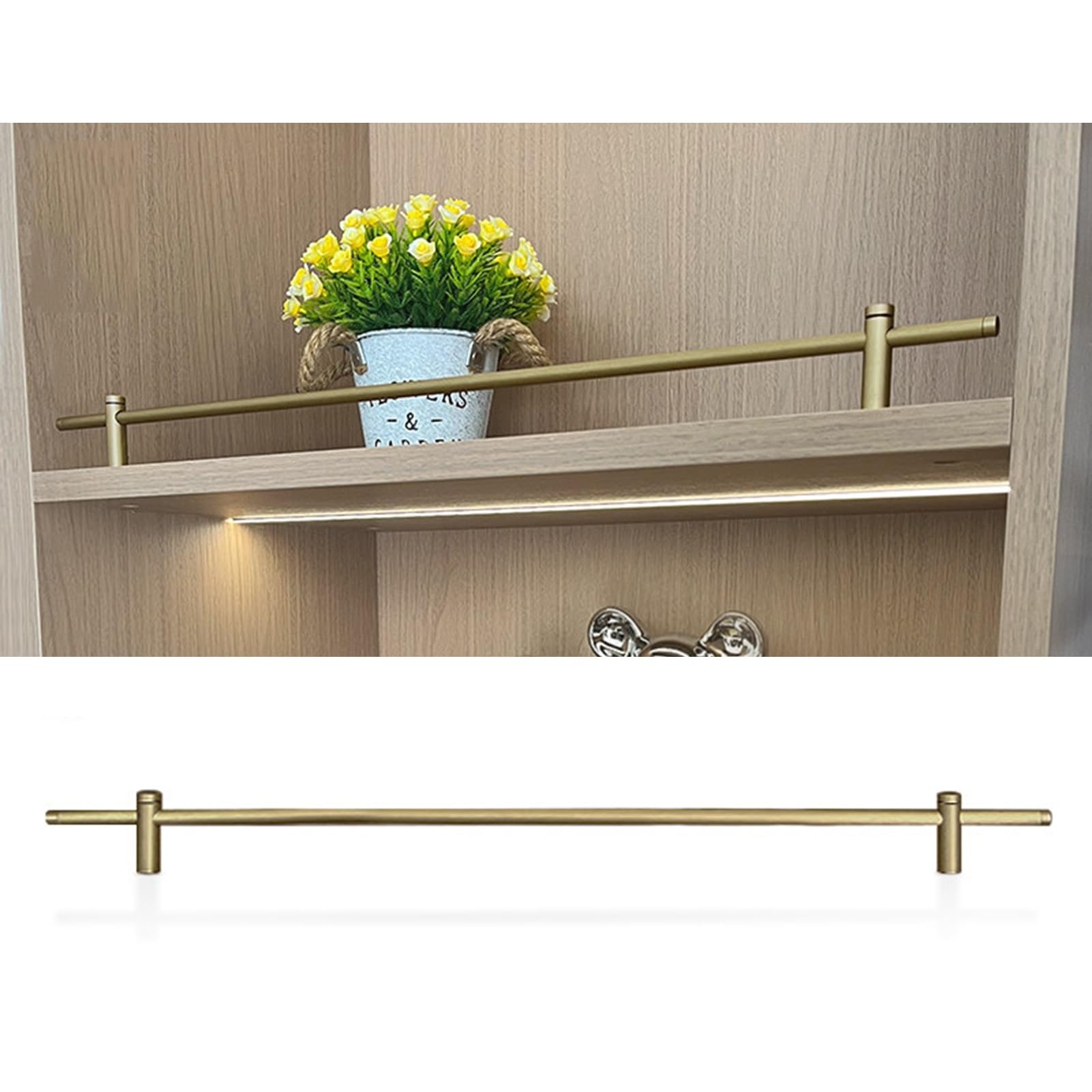 MESCXTY Metal Shelf Rail Fence 4 Pack, Aluminum Pole Guardrail Gold, Versatile Shoe Rack/Bookcase/Kitchen Cabinets/Closet Front Guard Decorative Rod, Prevents Items from Falling(Gold,18in/46cm)
