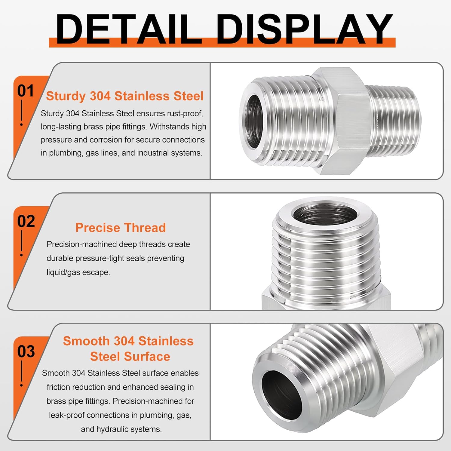 2 Packs 304 Stainless Steel Male to Male Adapters, 1" MNPT x 1" MNPT Hex Nipple Pipe Extension Fittings for Industrial, Automotive, Fluid Transfer, Home Gardening, Water, Air, Gas