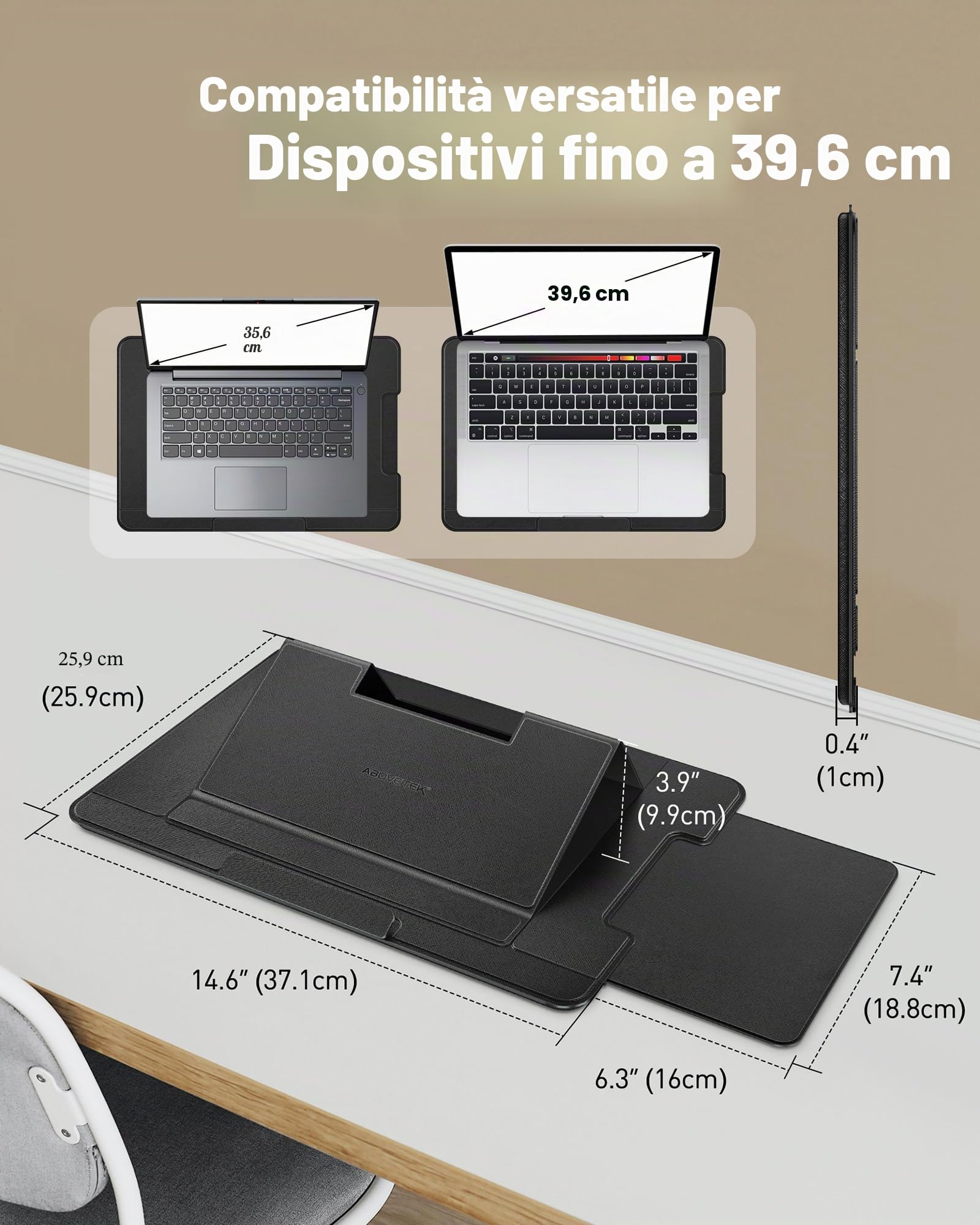 AboveTEK Vassoio Portatile per PC Portatili con Tappetino per Mouse Retraibile a Destra, 3 Angolazioni Ergonomiche, Scudo Termico Antiscivolo, Supporto Portatile per Laptop per Letto, Divano, Viaggi