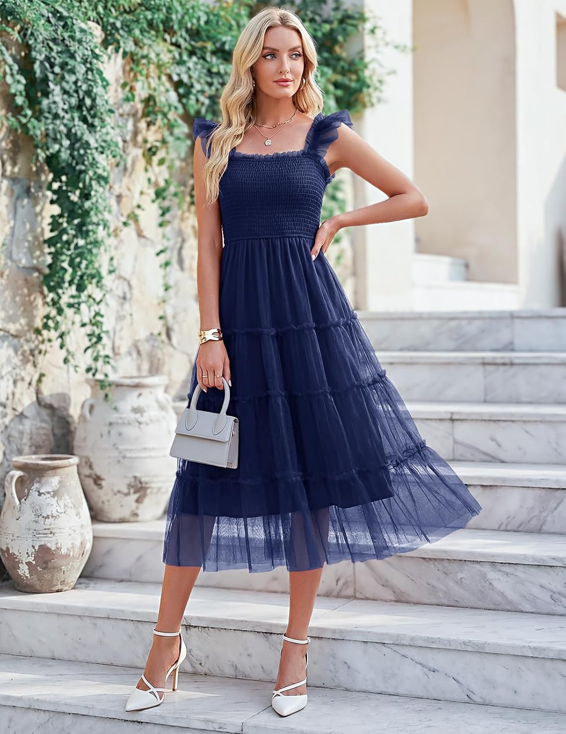 Meetjen Women's Summer Tulle Midi Dresses 2026 Sleeveless Smocked Square Neck Casual Flowy Party Wedding Guest Dress image 2