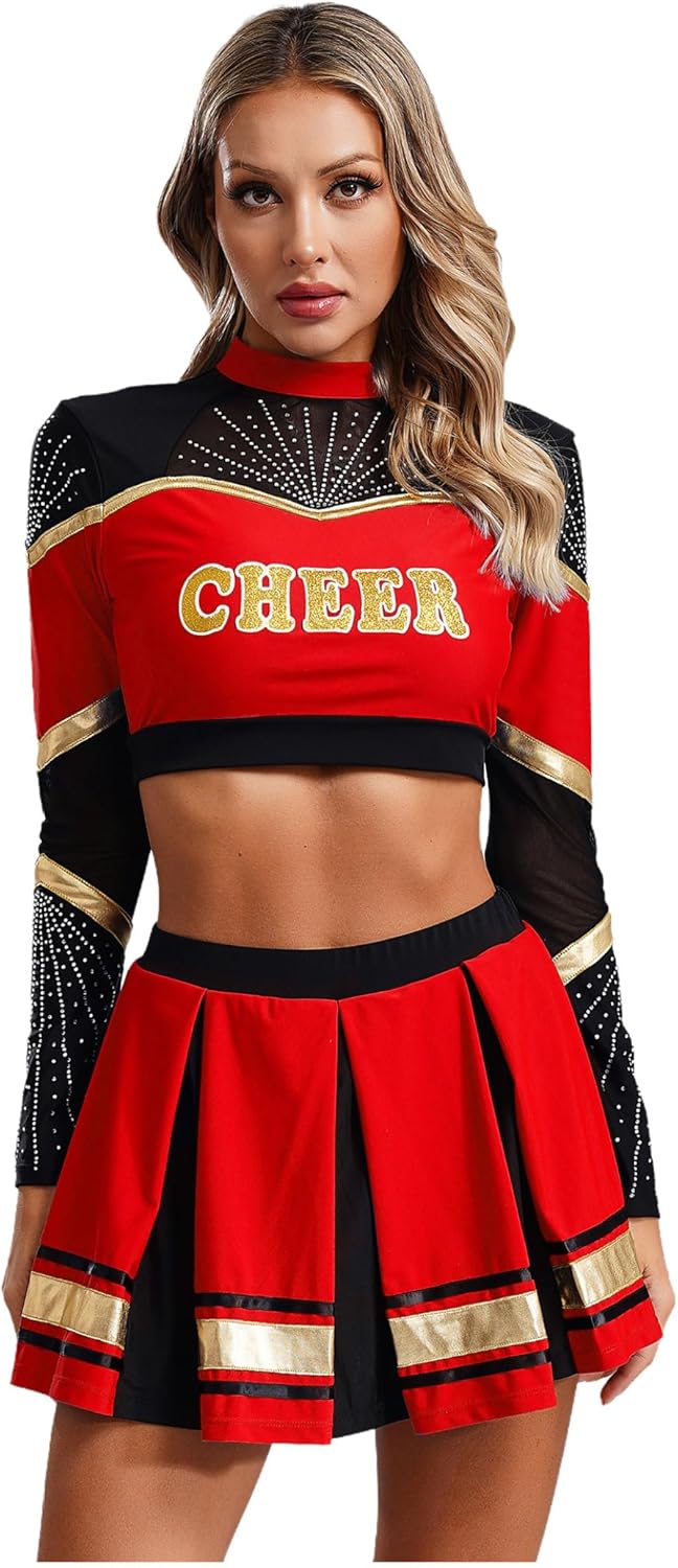 Womens School Girls Cheerleading Team Uniform Sleeveless Crop Tops with Pleated Skirt Set Cute Dress Up