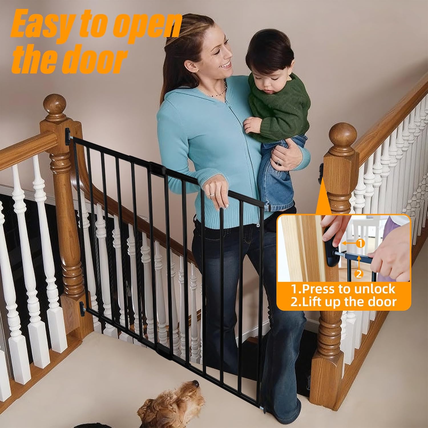 Adjustable Metal Safety Gate for Stairs & Doors | Hardware-Mounted with Secure Latch for Dog and Pets (Black)