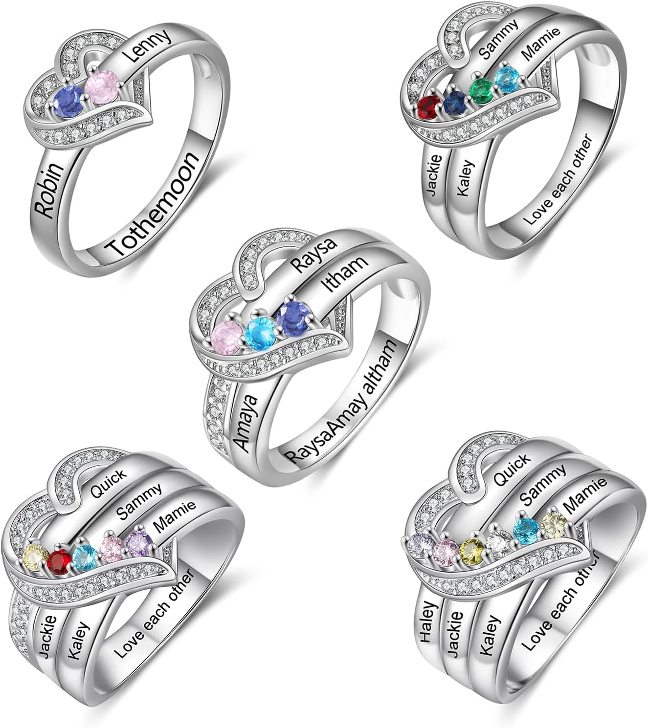 925 Sterling Silver Personalized Mothers Ring with 2 Birthstones Custom Engraved Name Engagement Wedding Promise Rings for Women Mothers Day Birthday Gifts for Mom Grandma Wife