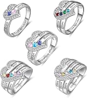 Dailygems 925 Sterling Silver Personalized Mom Ring with 2 Birthstones & Custom Engraved Names - Promise Ring for Women, Mother's Day Gift