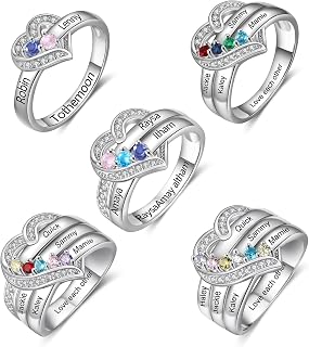 Dailygems 925 Sterling Silver Personalized Mom Ring with 2 Birthstones & Custom Engraved Names - Promise Ring for Women, Mother's Day Gift