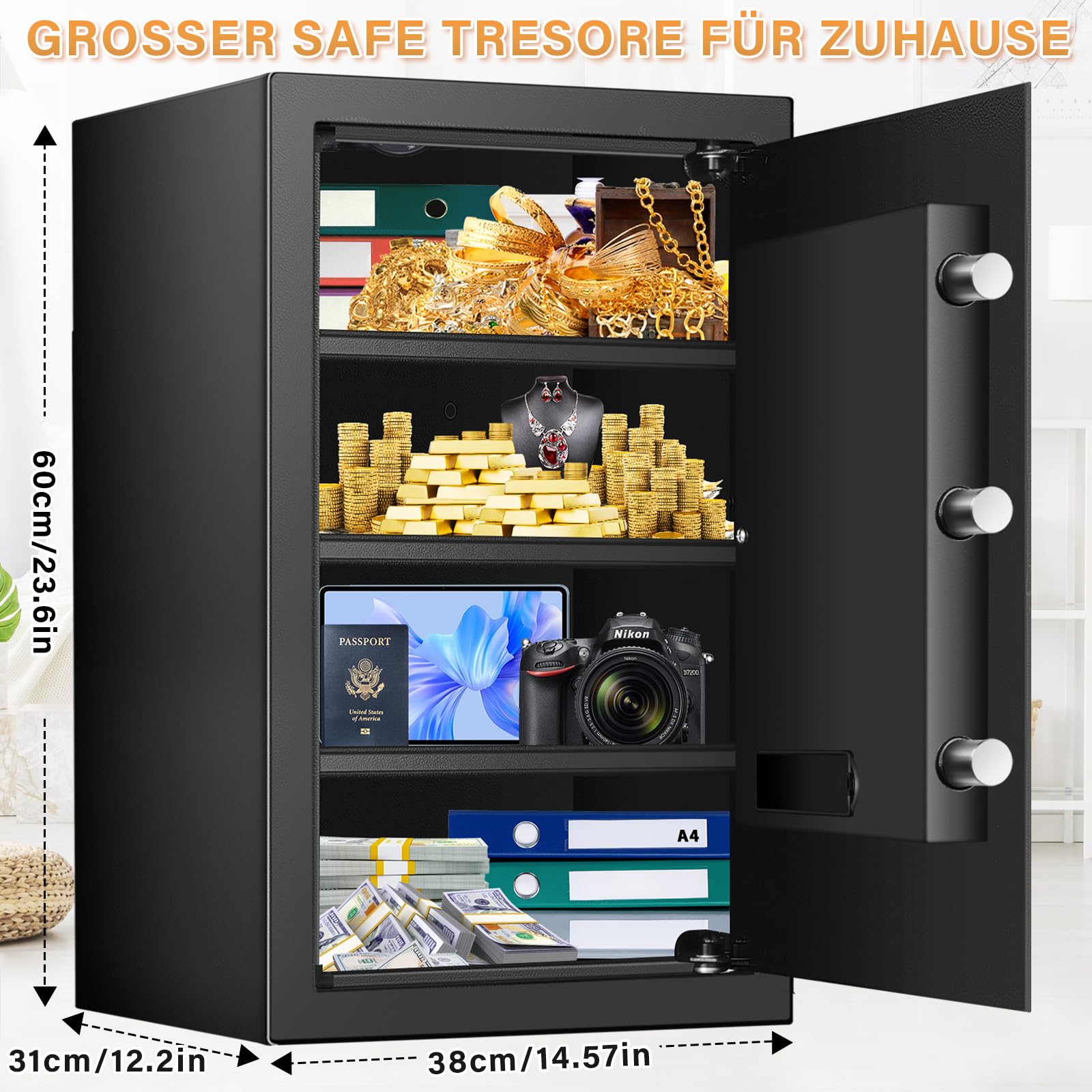 Cassaforte da 75 l, ignifuga per la casa, cassaforte digitale con serratura a combinazione, tre ripiani rimovibili e luce sensore, cassaforte per denaro, gioielli, passaporto e documenti