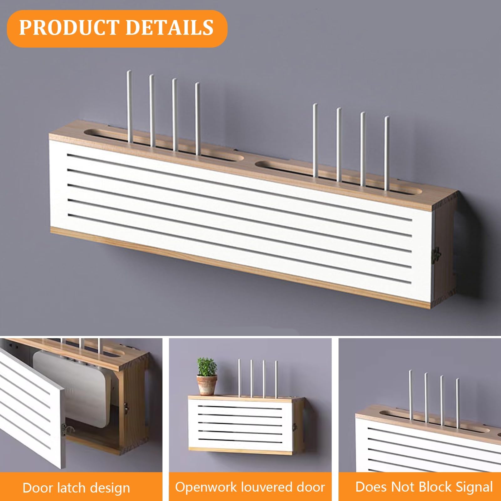 WLAN Router Box Wandmontage, Holz Router Ablage ohne Bohren, Rou TER Aufbewahrungsbox Schrank, WLAN Ro uter Verstecken Home Deko für Büro und Zuhause(Grey/White,82.4cm/32.4in)