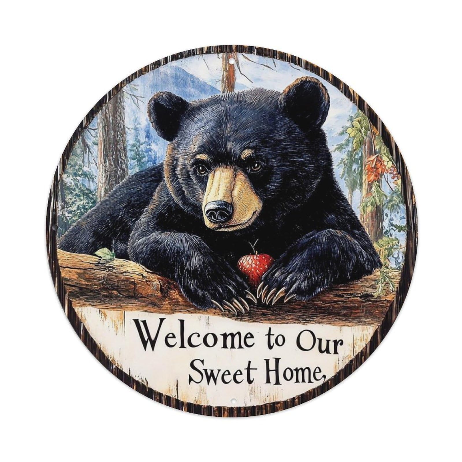 Black Bear With Red Strawberry Metal Tin Sign Plaque