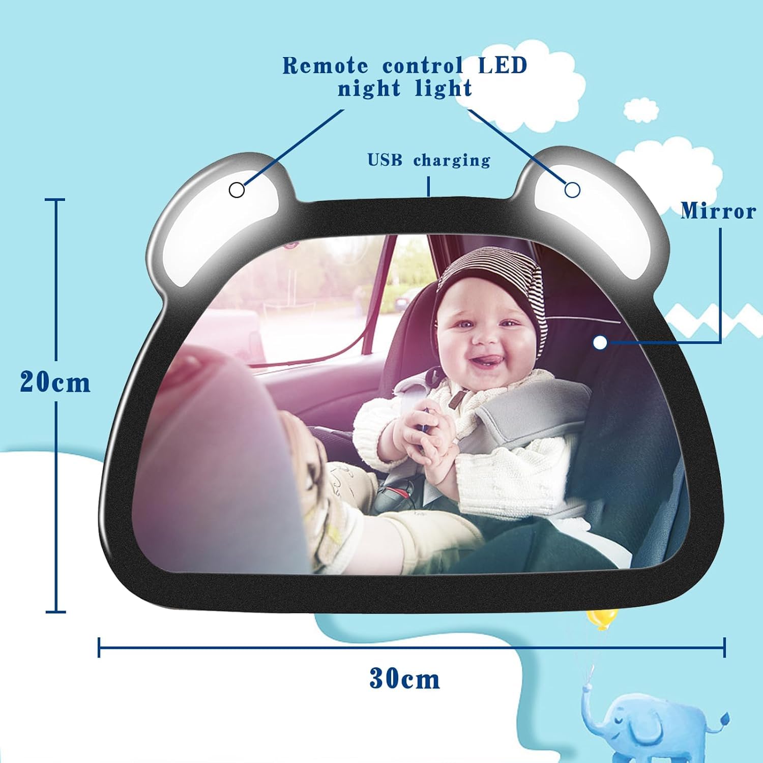 Baby Car Mirror with Light - Rechargeable Car Seat Mirror for Baby Rear Facing with Remote Control, Clear Vision, 360° Rotation Rear Facing Car Seat Mirror, Shock and Shatter Resistant