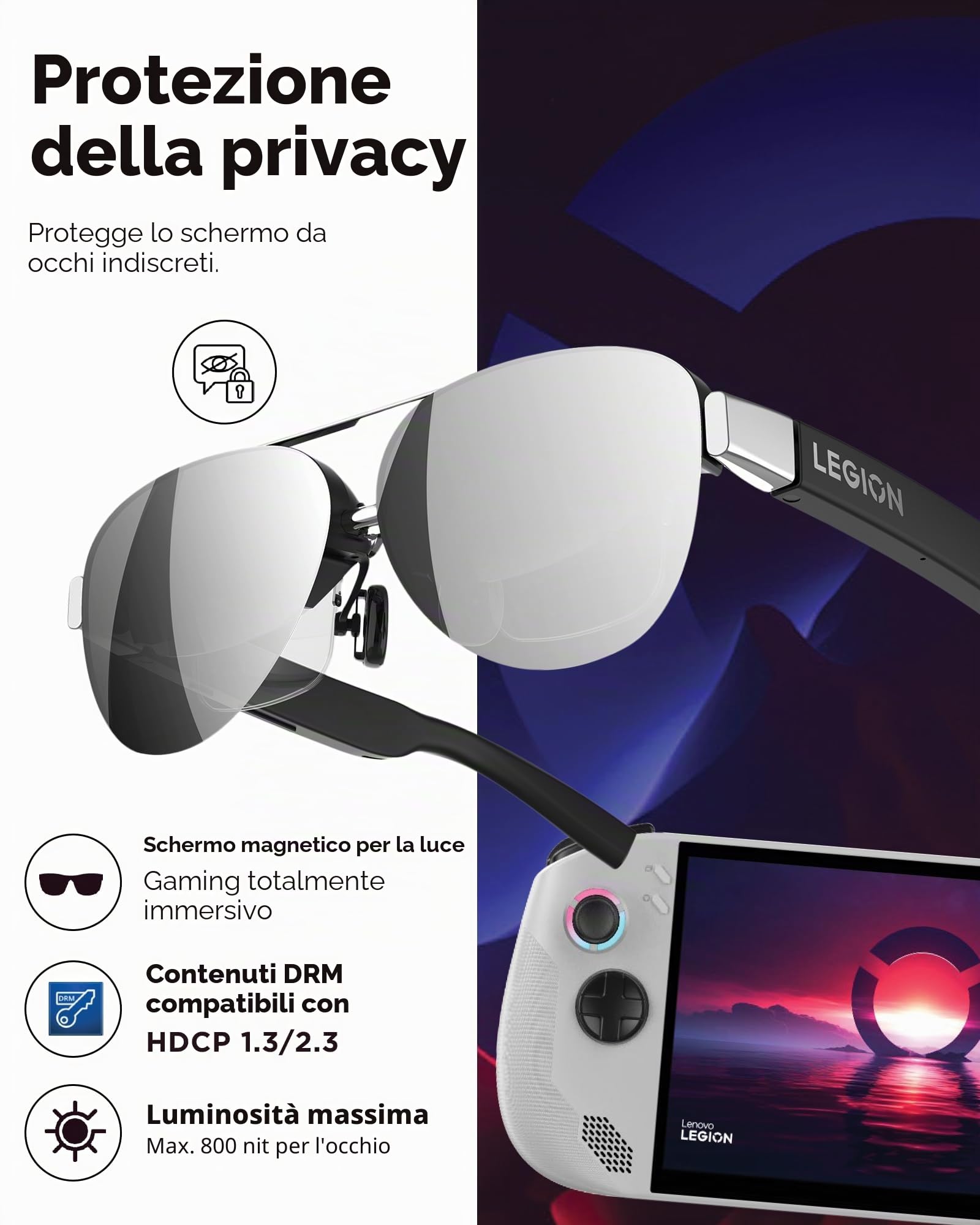 Lenovo Legion Glasses Gen 2 - Monitor indossabile Personale Micro-OLED per Giochi e Film, Display Plug-And-Play FHD 60Hz Legion Go e dispositivi USB-C, Audio ad Alta fedeltà e Privacy