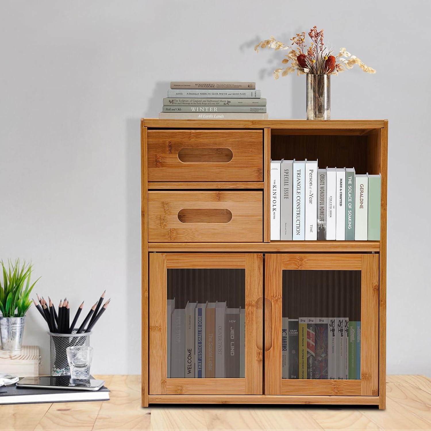 Wall Mounted Kitchen Pantry Sideboard with 2 Doors, Coffee Wine Bar Storage Cabinet for Liquor and Glasses, for Kitchen, Dining Room, Hallway, Spice Seasoning Bottle, Dish, Wood Color