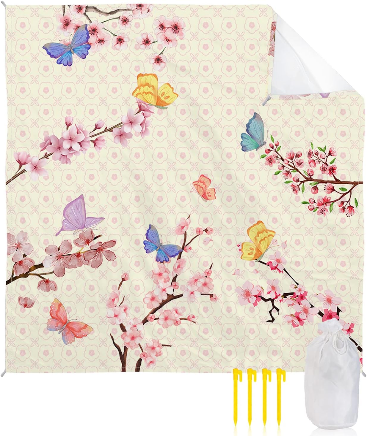 Watercolor Farm Animals Butterfly Floral Beach Blanket Waterproof Sandproof Outdoor Picnic Mat 118"x108" Blossoms Flower Branches Lightweight Large Beaach Blankets with 4 Stake & 4 Corner Pockets
