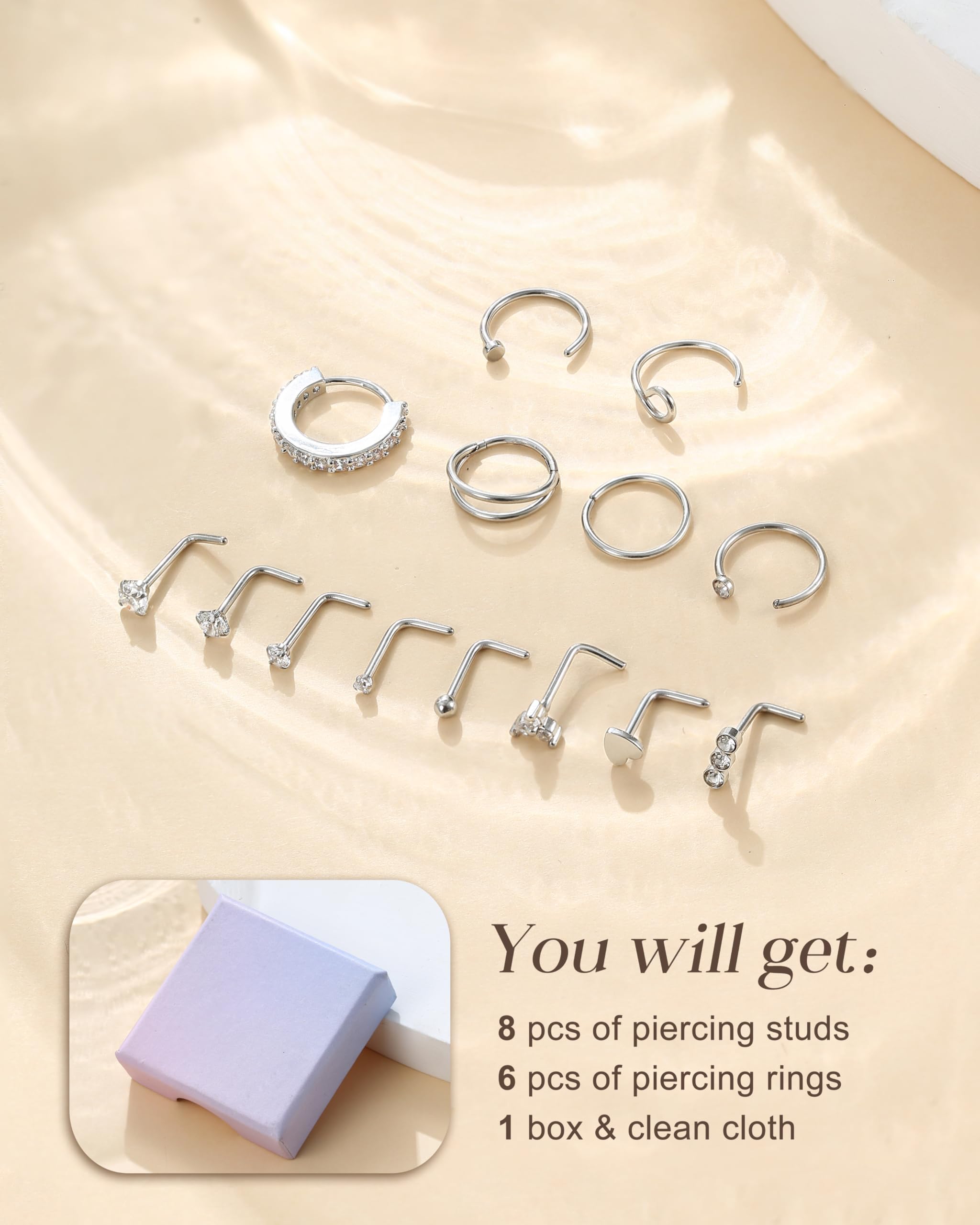 CASSIECA 14 Piezas Piercing Nariz Acero Quirúrgico Forma de L Hipoalergénico Anillos de Nariz Plata Oro Mujer Hombre